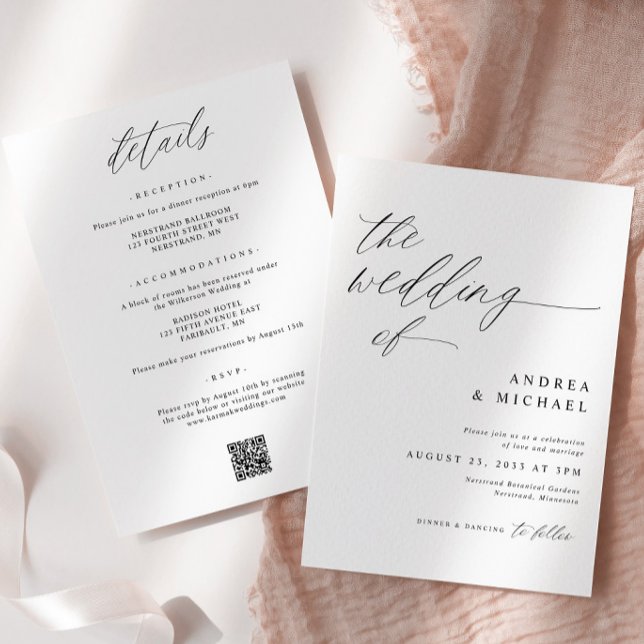 Modern Romantic Wedding All in One Invitation (Modern Romantic Elegant Wedding Invitation with Details on Back - Delicate Calligraphy)