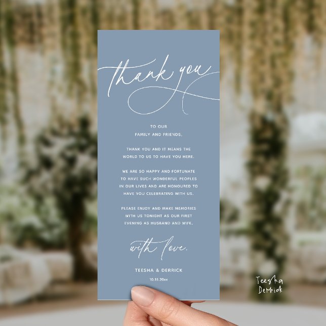 Modern Romantic Wedding Dinner Thank You Card (Modern Romantic Wedding Reception Dinner Thank You Card in Dusty Blue)