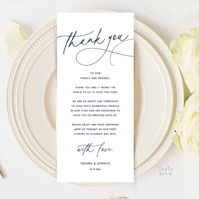 Modern Romantic Wedding Dinner Thank You Card (Modern Romantic Wedding Reception Dinner Thank You Card in Navy Blue)