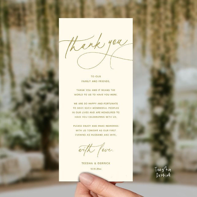 Modern Romantic Wedding Dinner Thank You Card (Modern Romantic Wedding Reception Dinner Thank You Card in Yellow Gold)