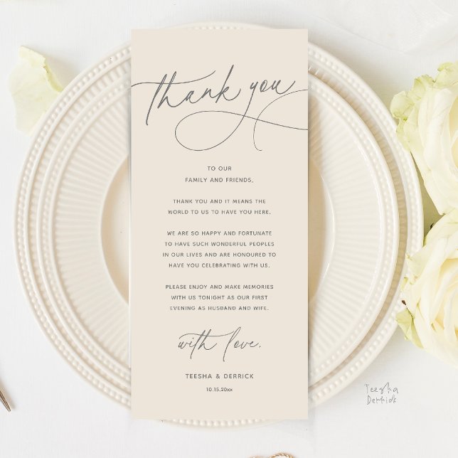 Modern Romantic Wedding Dinner Thank You Card (Modern Romantic Wedding Reception Dinner Thank You Card in Cream Grey)