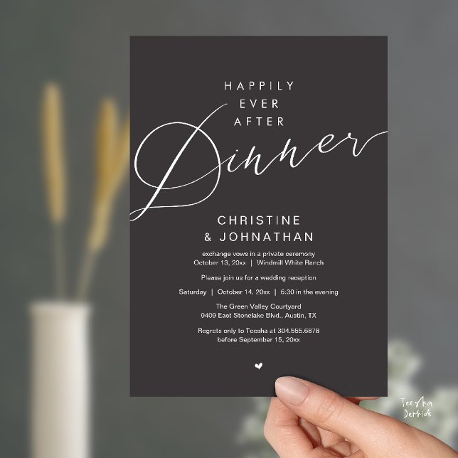 Modern Romantic Wedding Happily Ever After Dinner Invitation (Modern Romantic Wedding Happily Ever After reception Dinner Invitation card in Charcoal Grey)