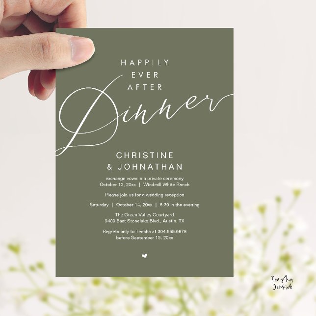 Modern Romantic Wedding Happily Ever After Dinner Invitation (Modern Romantic Wedding Happily Ever After reception Dinner Invitation card in Olive Sage Green)