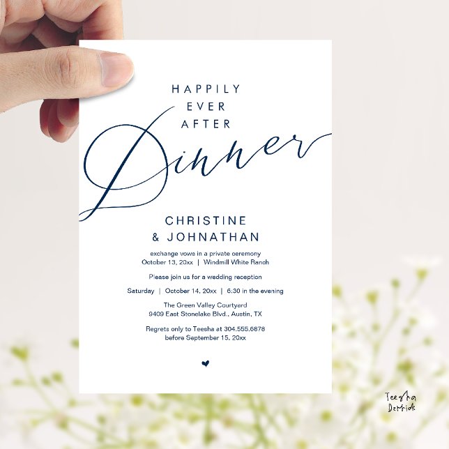 Modern Romantic Wedding Happily Ever After Dinner Invitation (Modern Romantic Wedding Happily Ever After reception Dinner Invitation card in Navy Blue)