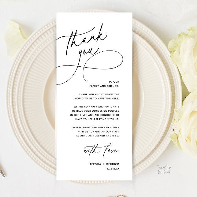 Modern Romantic Wedding Reception Thank You Card (Modern Romantic Wedding Reception Dinner Lunch Brunch Thank You Card in Black and White)