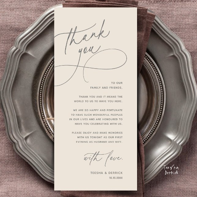 Modern Romantic Wedding Reception Thank You Card (Modern Romantic Wedding Reception Dinner Lunch Brunch Thank You Card in Cream grey)