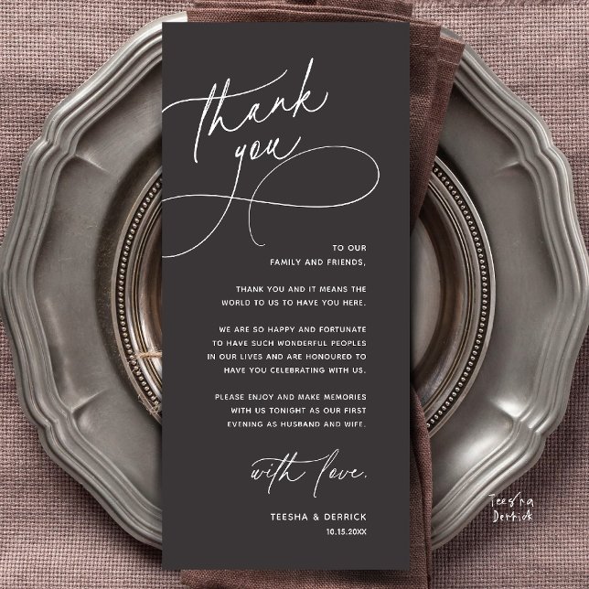Modern Romantic Wedding Reception Thank You Card (Modern Romantic Wedding Reception Dinner Lunch Brunch Thank You Card in Charcoal Grey)