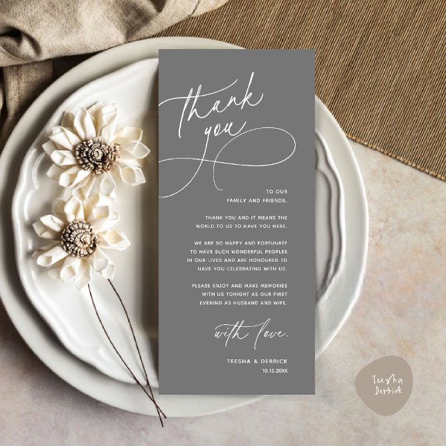 Modern Romantic Wedding Reception Thank You Card (Modern Romantic Wedding Reception Dinner Lunch Brunch Thank You Card in Dark Grey)