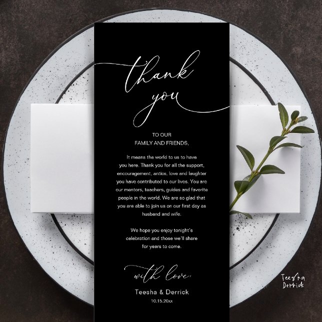 Modern Romantic Wedding Reception Thank You Card (Modern Romantic Wedding Reception Thank You Card, plate decoration, in Classy Black White)