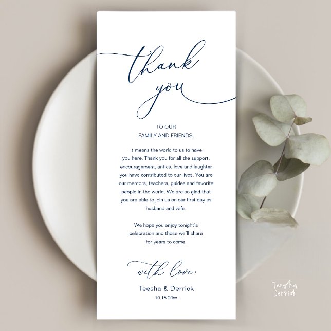 Modern Romantic Wedding Reception Thank You Card (Modern Romantic Wedding Reception Thank You Card, plate decoration, in Classy Navy Blue)