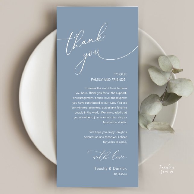 Modern Romantic Wedding Reception Thank You Card (Modern Romantic Wedding Reception Thank You Card, plate decoration, in Dusty Blue)