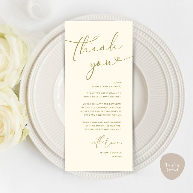 Modern Romantic Wedding Reception Thank You Card (Modern Romantic Wedding Reception Dinner Thank You Card in Yellow Gold)