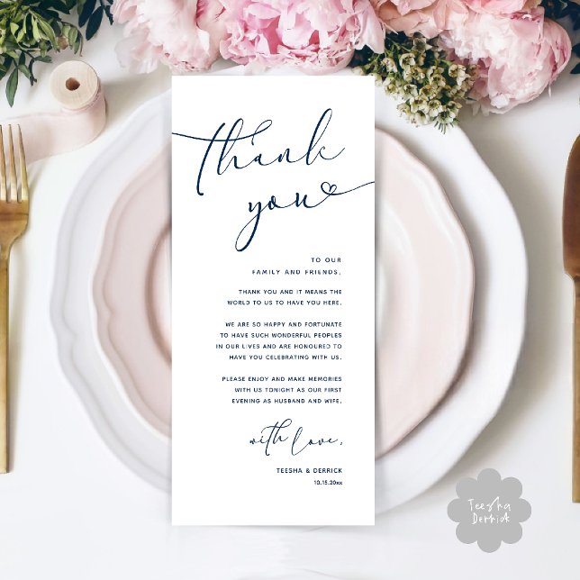 Modern Romantic Wedding Reception Thank You Card (Modern Romantic Wedding Reception Dinner Thank You Card in Navy Blue)