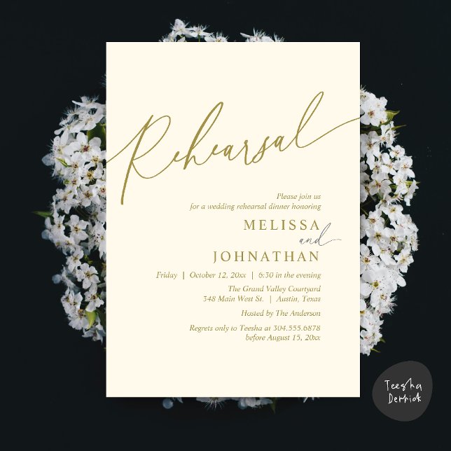 Modern Romantic Wedding Rehearsal Dinner Invitation (Modern Romantic Wedding Rehearsal Dinner Dancing Invitation Card PDF Aesthetic Yellow Gold)