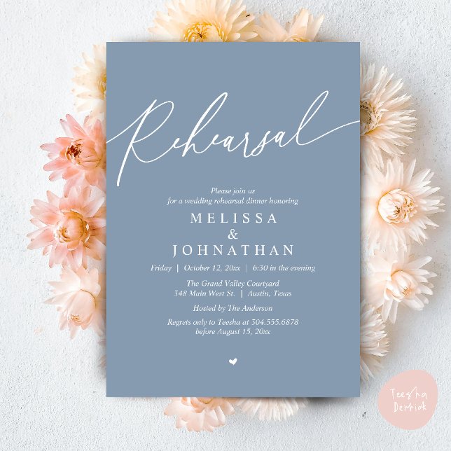 Modern Romantic Wedding Rehearsal Dinner Invitation (Modern Romantic Wedding Rehearsal Dinner Dancing Invitation Card PDF Aesthetic Dusty Blue)