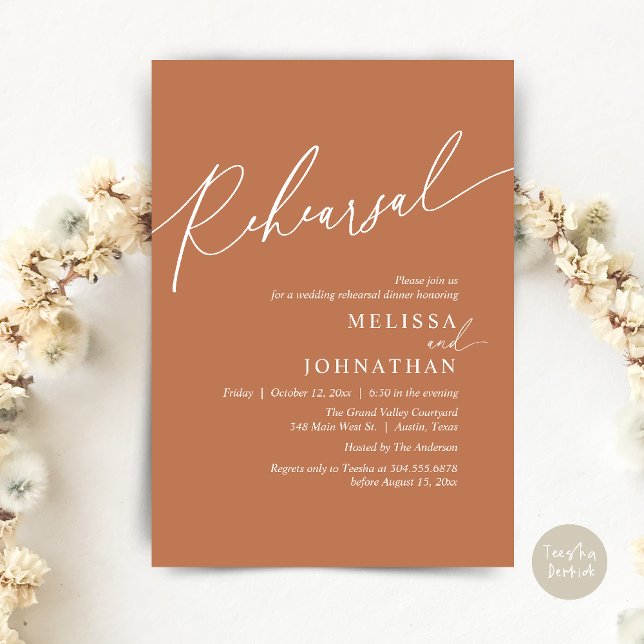 Modern Romantic Wedding Rehearsal Dinner Invitation (Modern Romantic Wedding Rehearsal Dinner Dancing Invitation Card PDF Aesthetic Copper Brown )