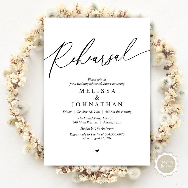 Modern Romantic Wedding Rehearsal Dinner Invitation (Modern Romantic Wedding Rehearsal Dinner Dancing Invitation Card PDF White Black)