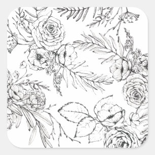 Modern Romantic Wildflower Line Drawing Square Sticker