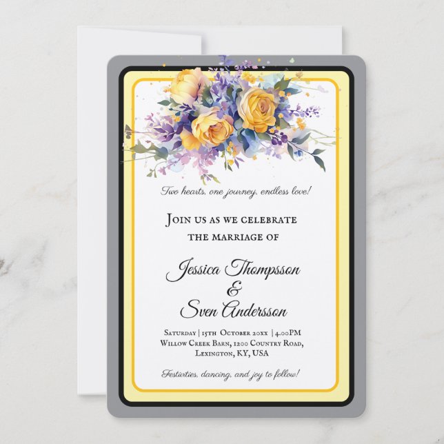Modern Romantic Yellow Rose Bloom Wedding Invitation (Front)