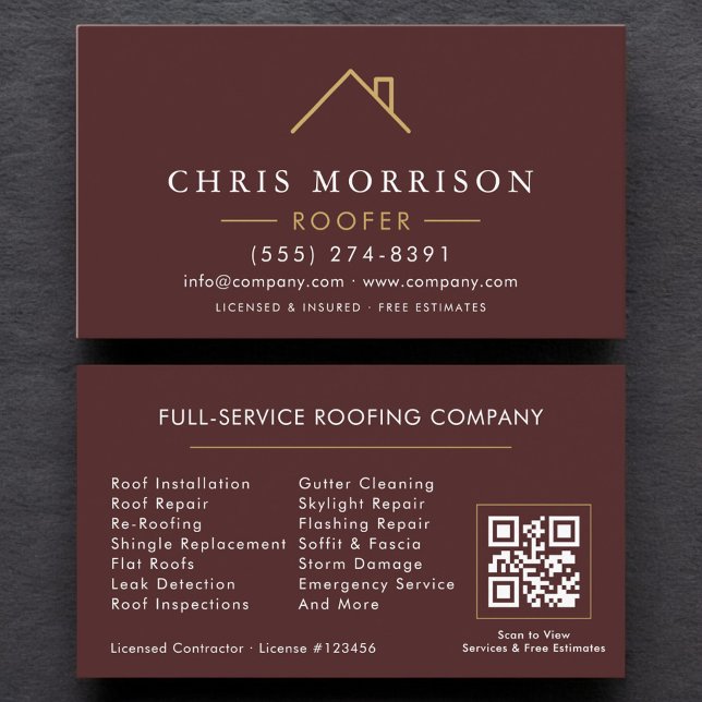 Modern Roofer Burgundy Gold QR Code Business Card (Creator Uploaded)