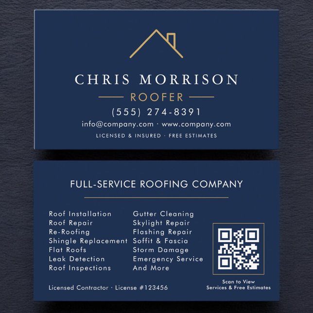 Modern Roofer Navy Blue Gold QR Code Business Card (Creator Uploaded)