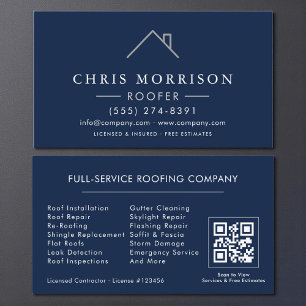 Modern Roofer Navy Blue Silver QR Code Business Card