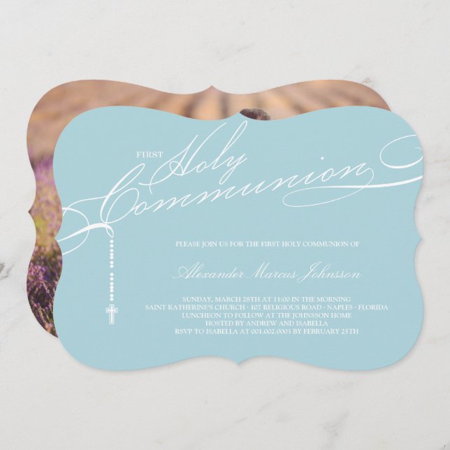 Modern Rosary First Holy Communion Photo Religious Invitation (Front/Back)