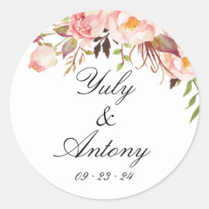 Modern Rose and Peach Watercolor Wedding  Classic Round Sticker