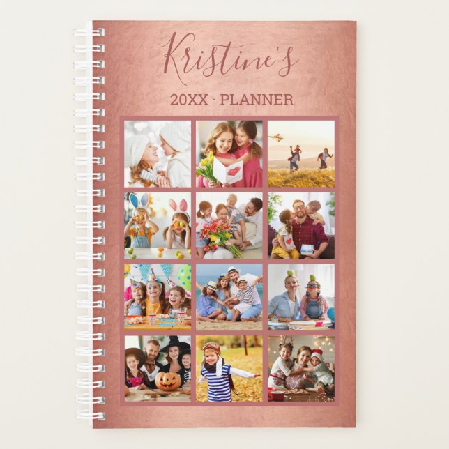 Modern Rose Gold 12 Photo Collage Rose Script 2021 Planner (Front)