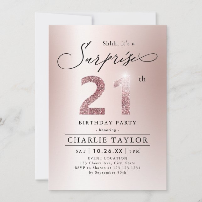 Modern rose gold adult surprise 21st birthday invitation (Front)