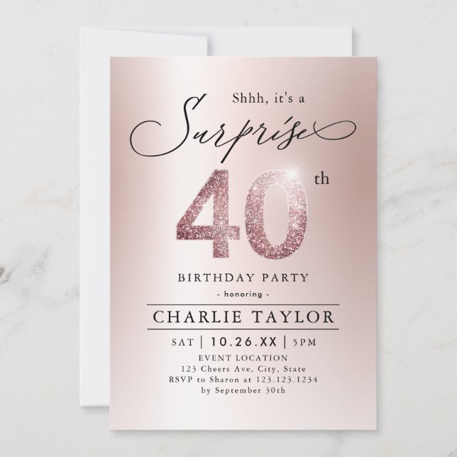 Modern rose gold adult surprise 40th birthday invitation (Front)