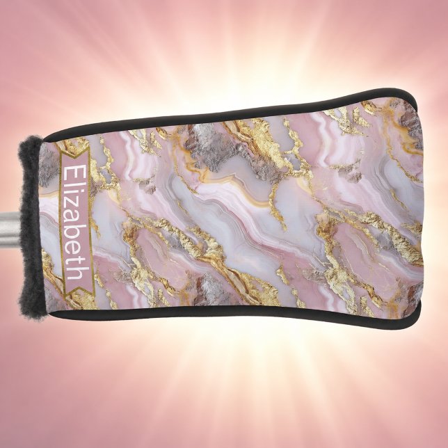Modern Rose Gold Agate Patterned Personalised Golf Head Cover (Modern rose gold agate patterned and personalized golf club cover for women.)