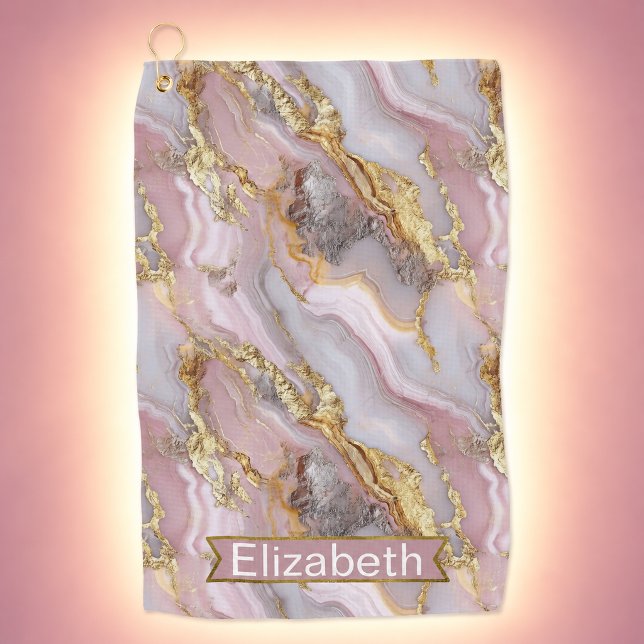 Modern Rose Gold Agate Patterned Personalised Golf Towel (Modern Rose Gold Agate Patterned and Personalized Golf Towel For Women)