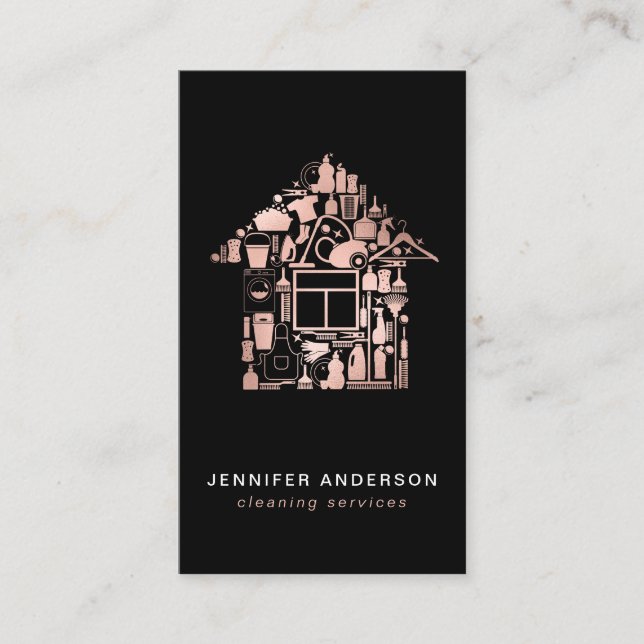 Modern Rose Gold And Black Cleaning Services Business Card (Front)