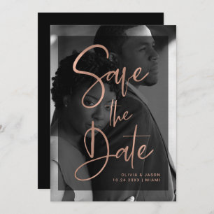 Modern Rose Gold and Black Overlay Photo Save The Date