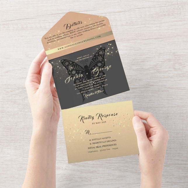 Modern Rose Gold and Black Wedding All In One Invitation (Tearaway)