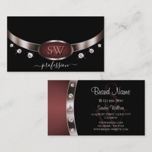 Modern Rose Gold and Black with Monogram Diamonds Business Card