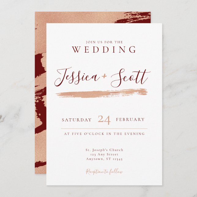 Modern Rose Gold and Burgandy Wedding Invitation (Front/Back)