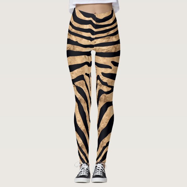 Modern rose gold and deep black zebra skin pattern leggings (Front)