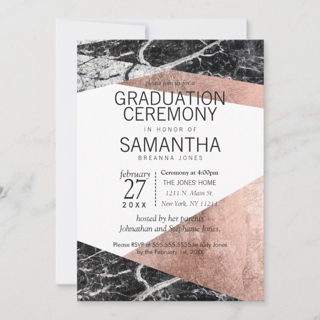 Modern Rose Gold and Marble Graduation Ceremony Invitation (Front)