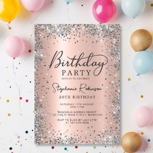 Modern Rose Gold and Silver Glitter 30th Birthday  Invitation