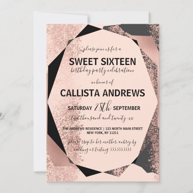 Modern Rose Gold Black Blush Geometric Sweet 16 Invitation (Front)