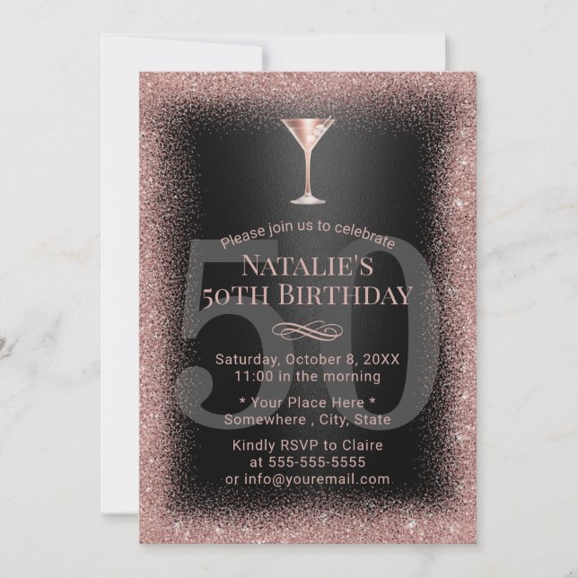 Modern Rose Gold & Black Cocktail 50th Birthday Invitation (Front)