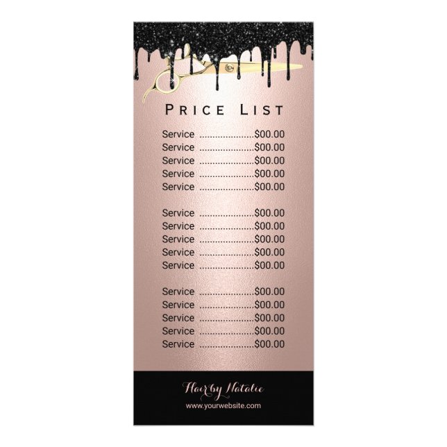 Modern Rose Gold Black Drips Hair Salon Price List Rack Card (Front)