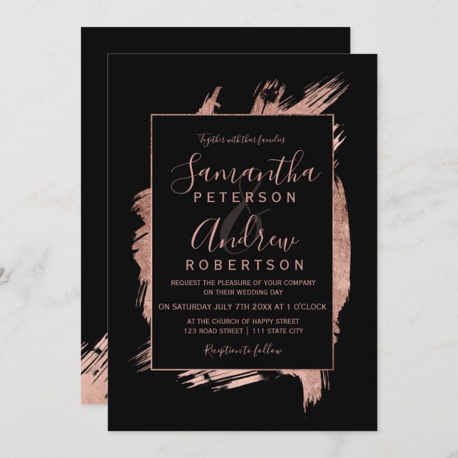 Modern rose gold black frame typography wedding invitation (Front/Back)