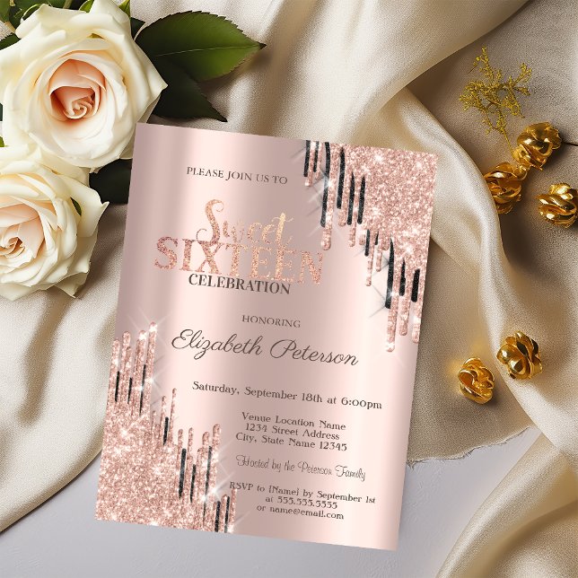 Modern Rose Gold Black Glitter Drips Sweet 16  Invitation (Creator Uploaded)