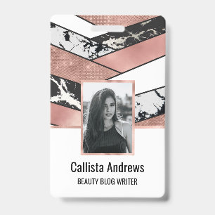 Modern Rose Gold Black Glitter Marble Geometric ID Badge