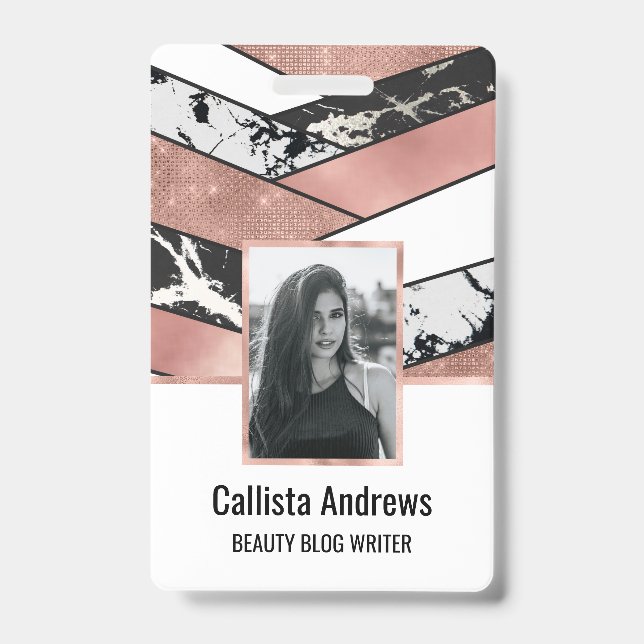 Modern Rose Gold Black Glitter Marble Geometric ID Badge (Front)