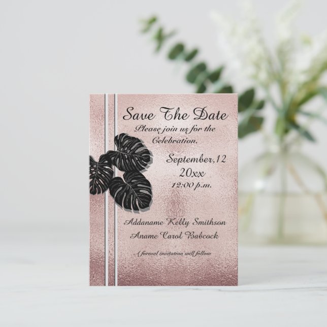 Modern Rose Gold Black Graphic Leaves  Elegant, Save The Date (Standing Front)