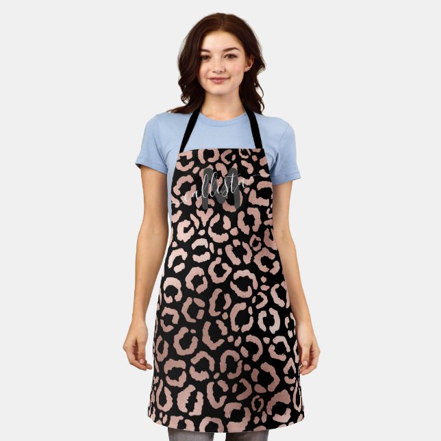 Modern Rose Gold Black Leopard Cheetah Monogram Apron (Worn)